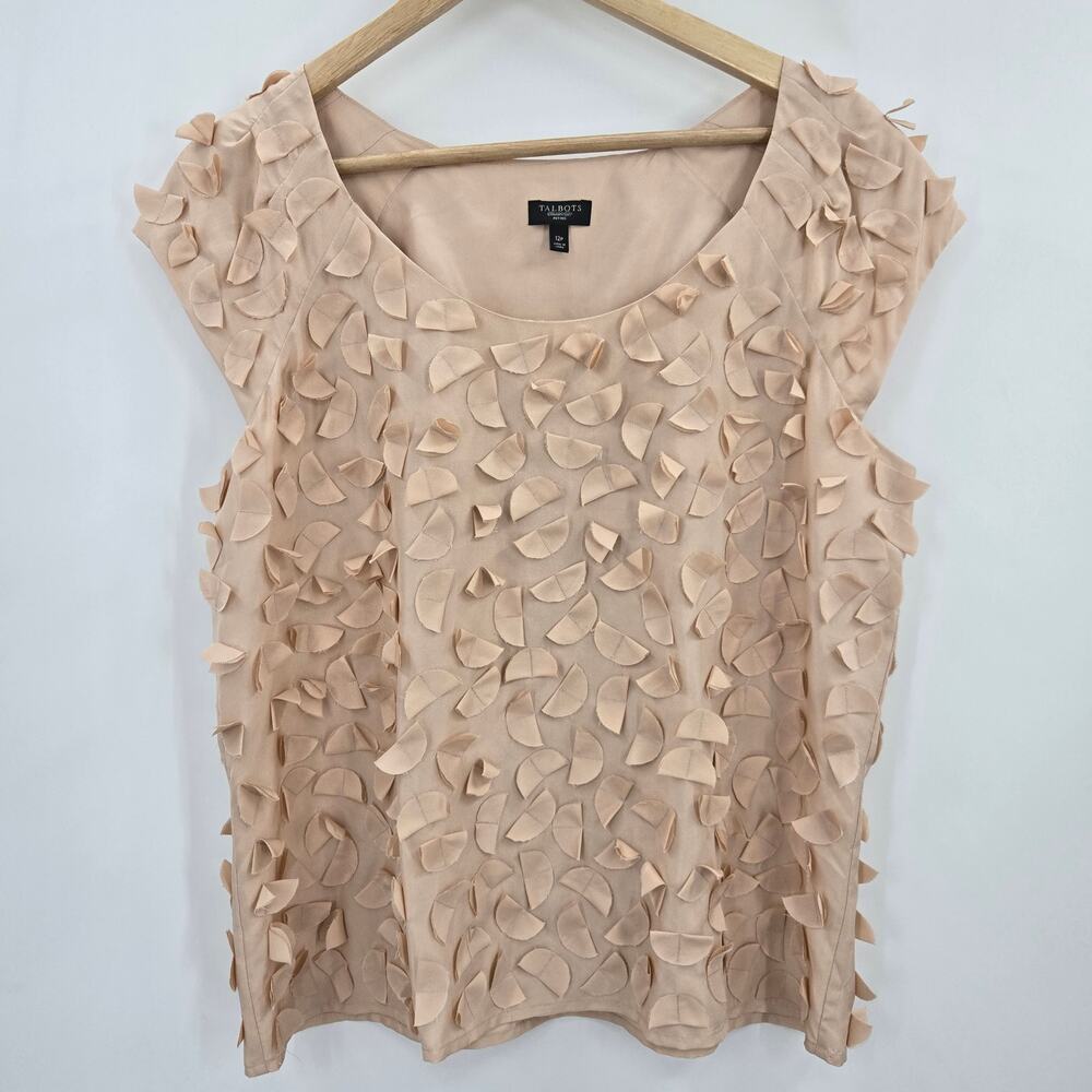 Talbots Womens Y2K Boho Chic Romantic Silk Petal Applique Cap Sleeve Top 12P